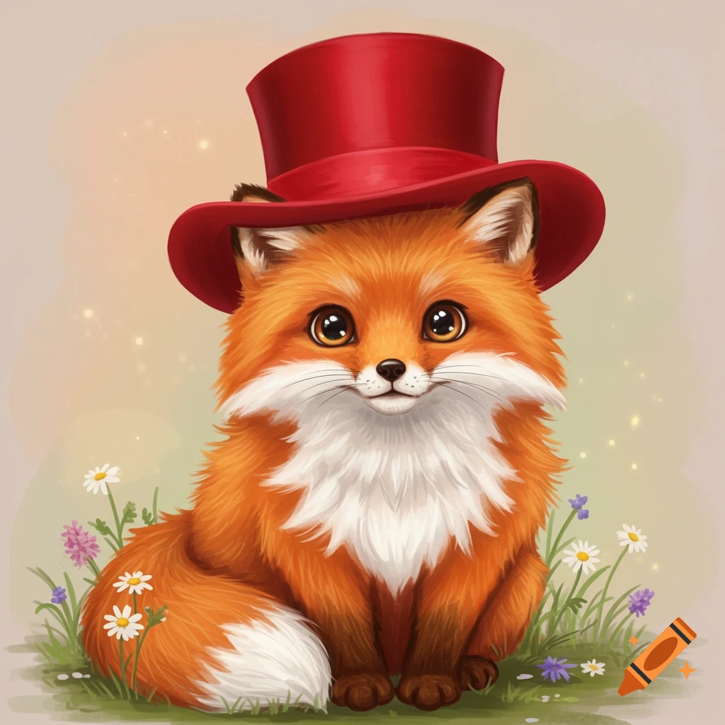 A cute fox wearing a red top hat sits in grassy ground with flowers, digital illustration.