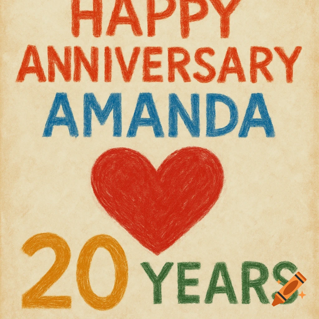 Happy Anniversary Amanda 20 Years text in a crayon drawing style with a red heart.