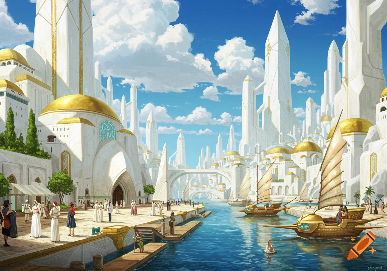 Illustration of a fantasy city with white buildings, gold domes, a harbor, boats, and people along the water.