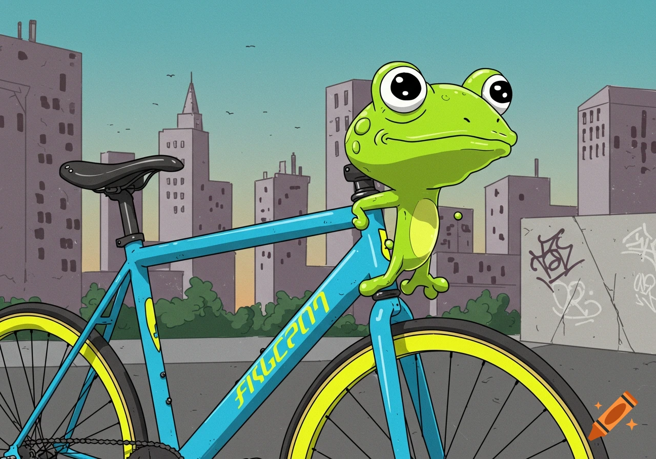 Cartoon frog on a blue bicycle in a city.