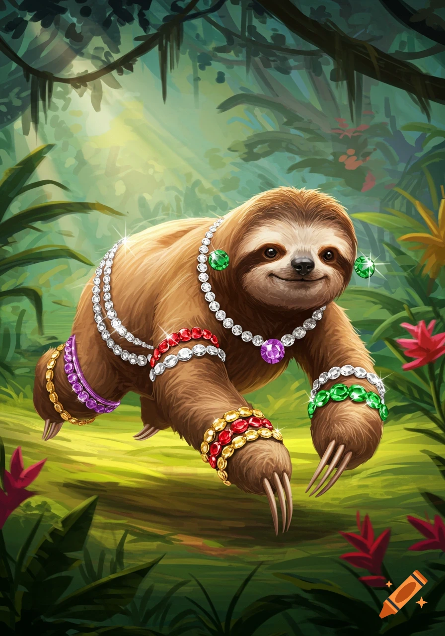 An illustration of a sloth wearing lots of shiny jewelry in a jungle.
