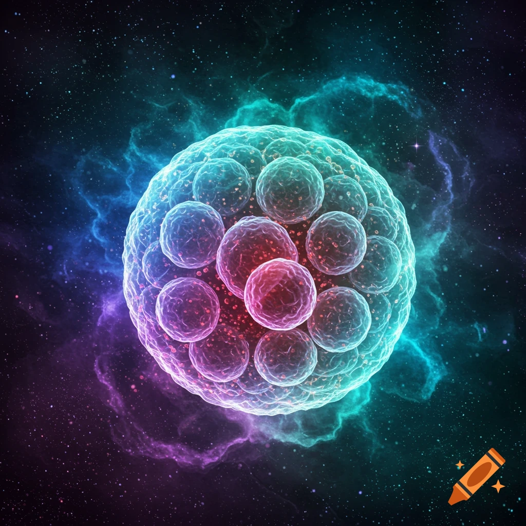 Microscopic view of a colorful cellular structure resembling a zygote in space with nebulae and stars.