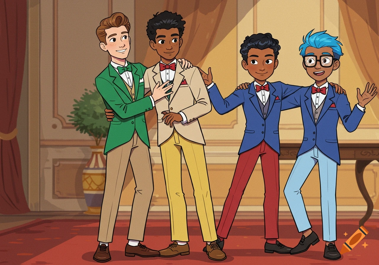 Four teenage boys in colorful tuxedos pose together in a formal room in a vibrant cartoon style