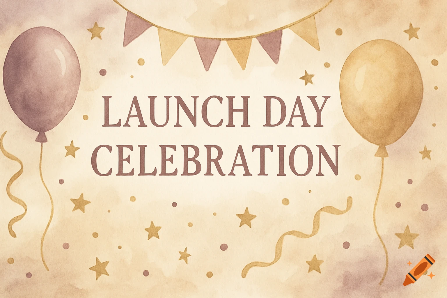 Watercolor banner for a launch day celebration with balloons and stars