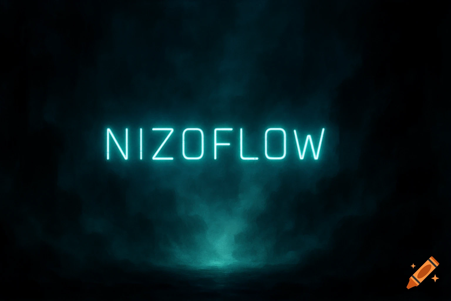 Neon sign spelling NIZOFLOW in a dark, foggy setting