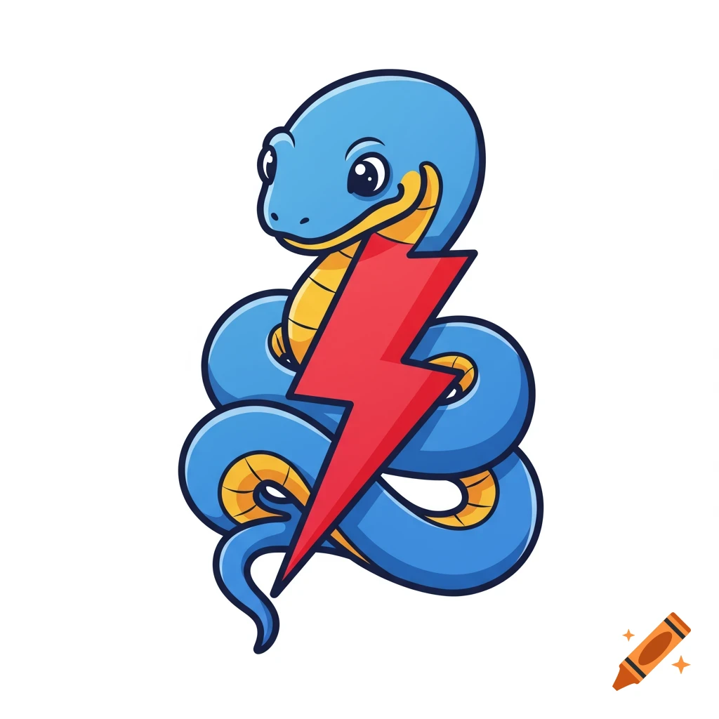 A stylized blue and yellow cartoon snake coiling around a red lightning bolt.