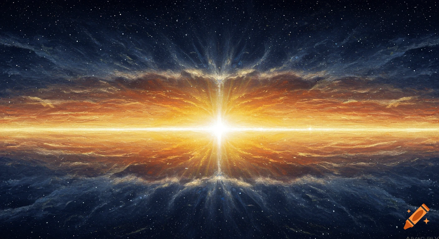 Bright light splitting dark and light cloudy formations in space with stars.