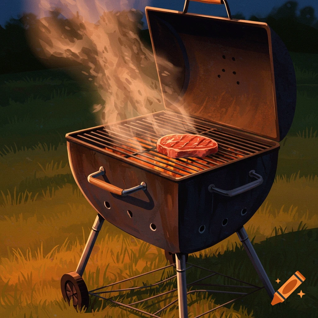 A stylized illustration of a steak cooking on a smoking charcoal grill outdoors.