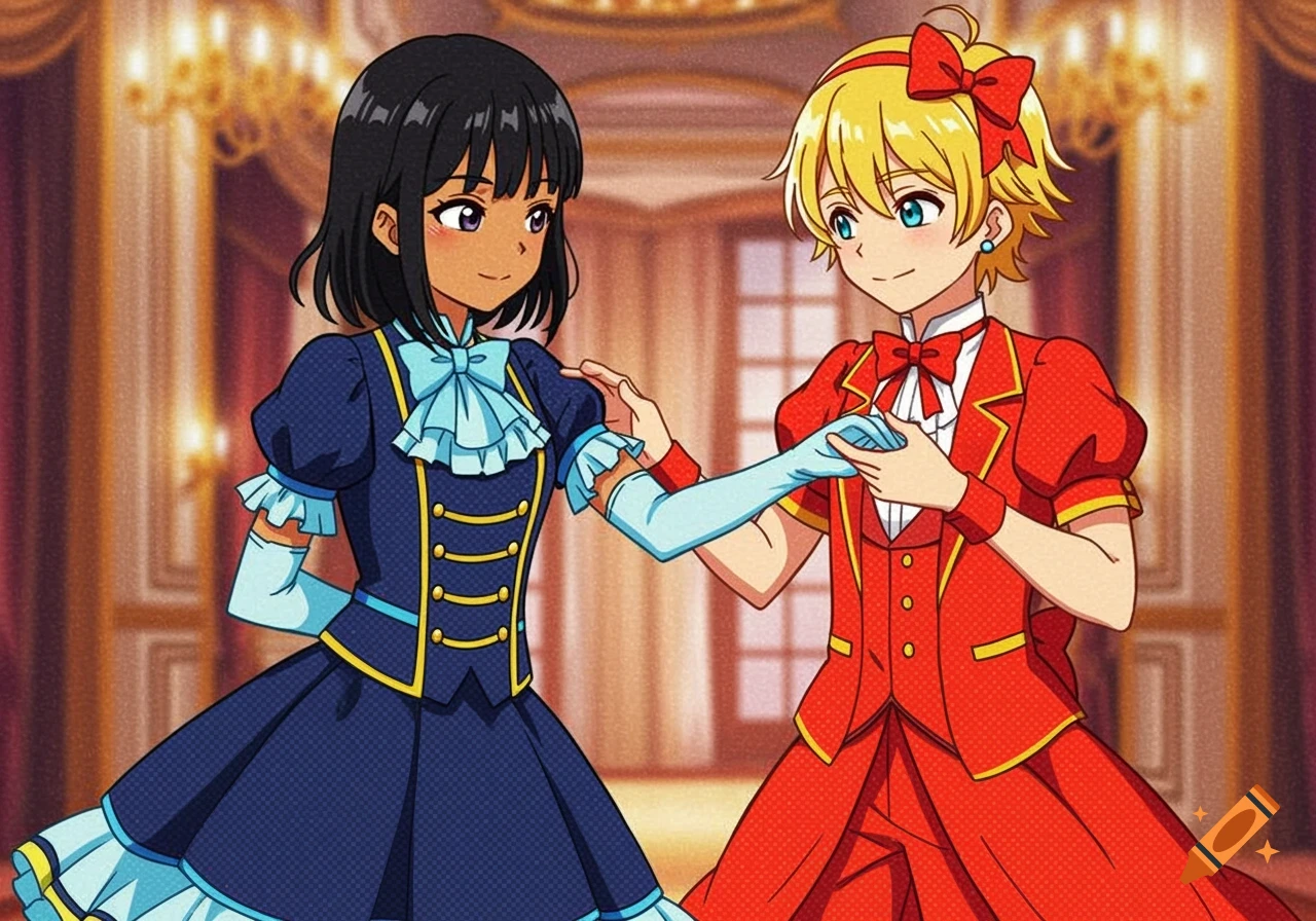 Two anime characters, a girl in a blue dress and a boy in a red suit, dance in a ballroom.