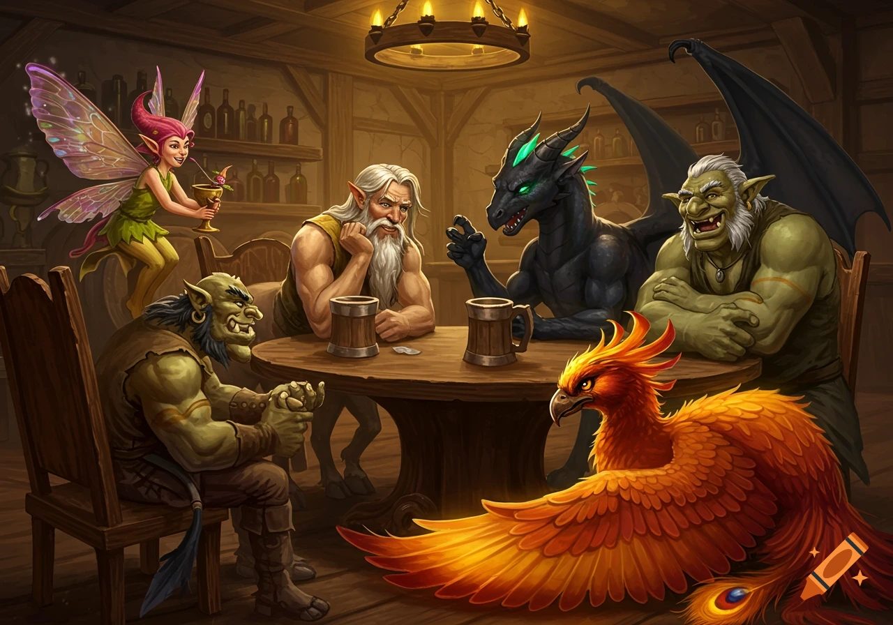 Mythical creatures including a fairy, trolls, an elf, dragon, and phoenix sit around a table in a dimly lit tavern.