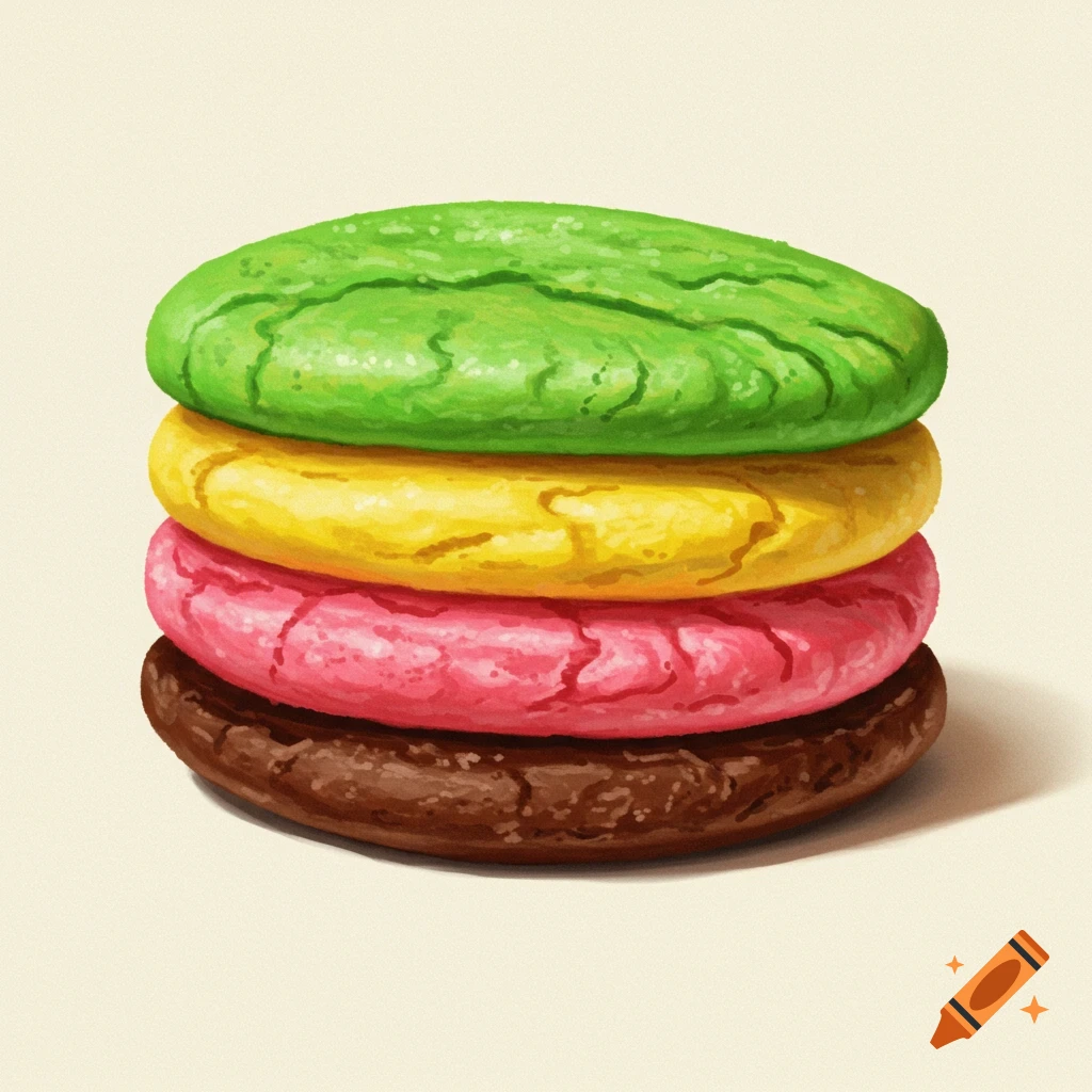 Stack of painted cookies in green, yellow, pink, and brown.
