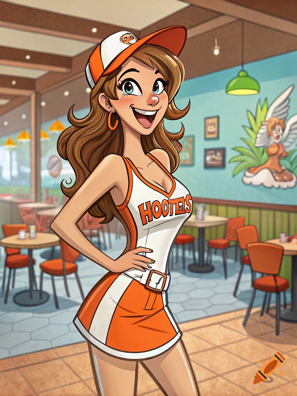 Cartoon woman in a Hooters uniform posing in a restaurant