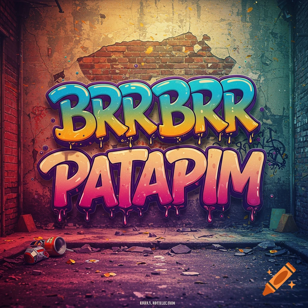 Colorful graffiti text 'BRRBRR PATAPIM' on a cracked brick wall in an alley.