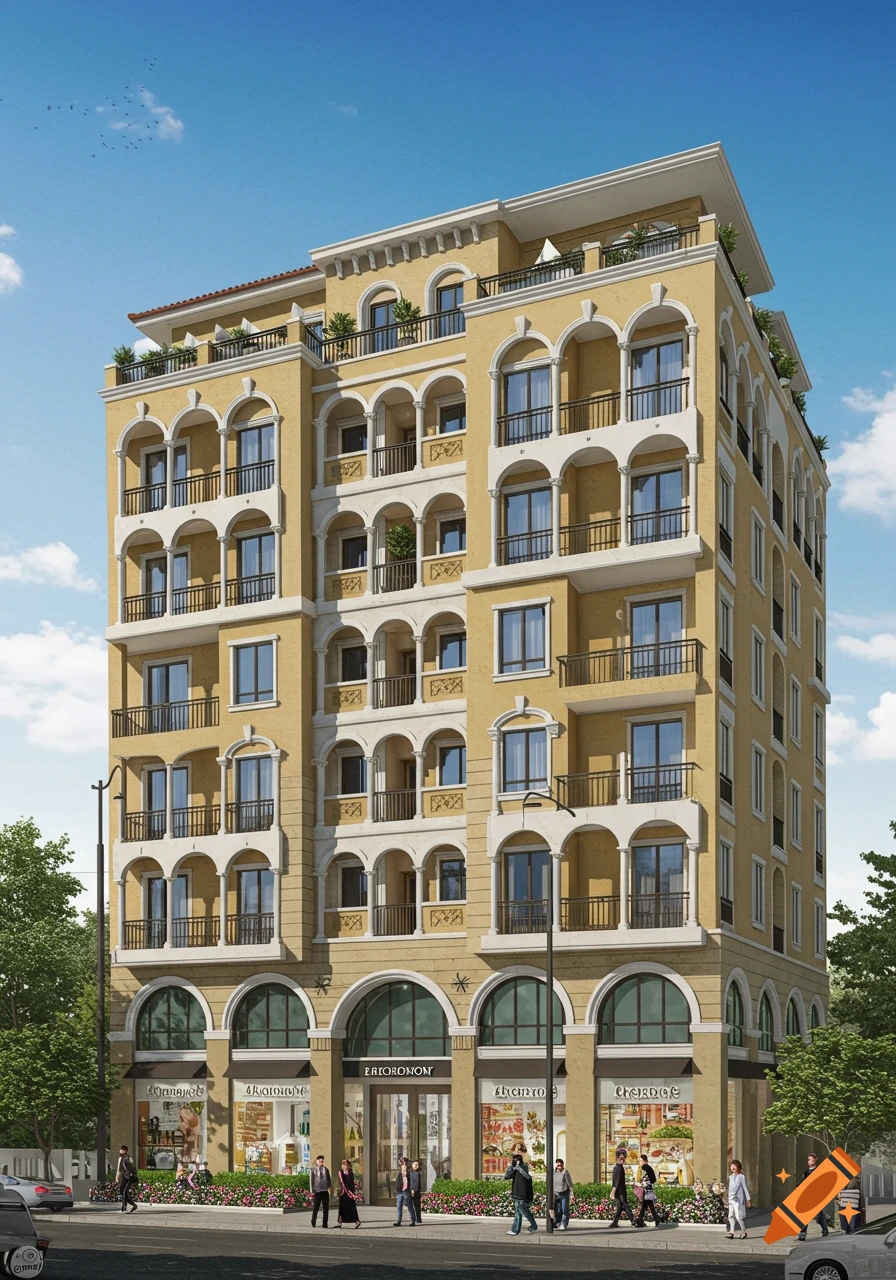Mediterranean style apartment building with retail on lower floors, people walking on sidewalk.