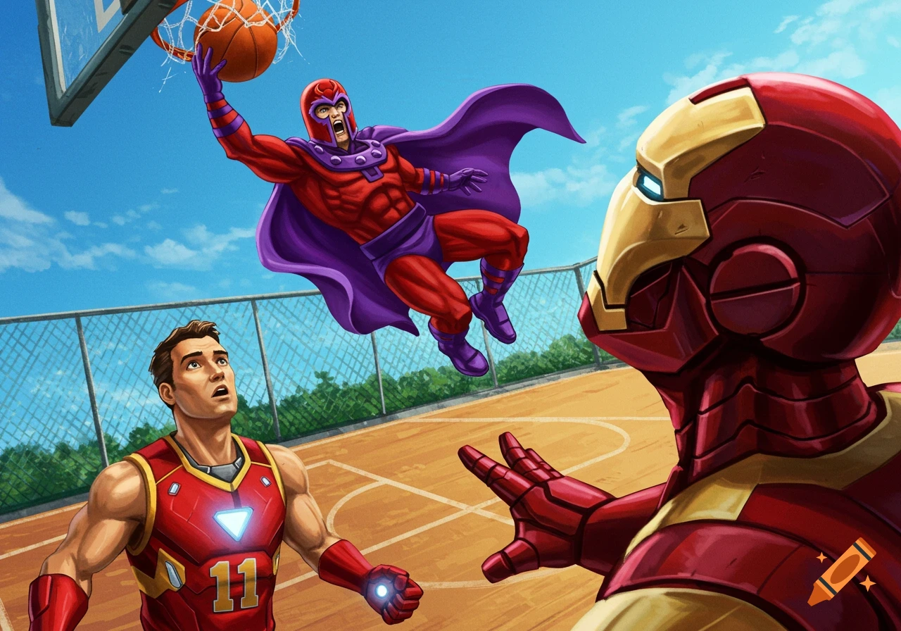 Magneto dunks a basketball over Iron Man characters on a court, illustrative style.