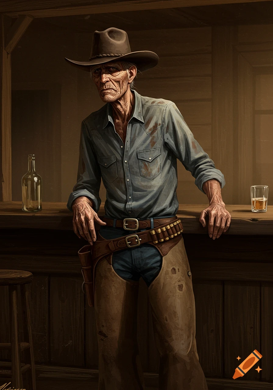 Digital art of an old cowboy with a lined face leaning on a bar