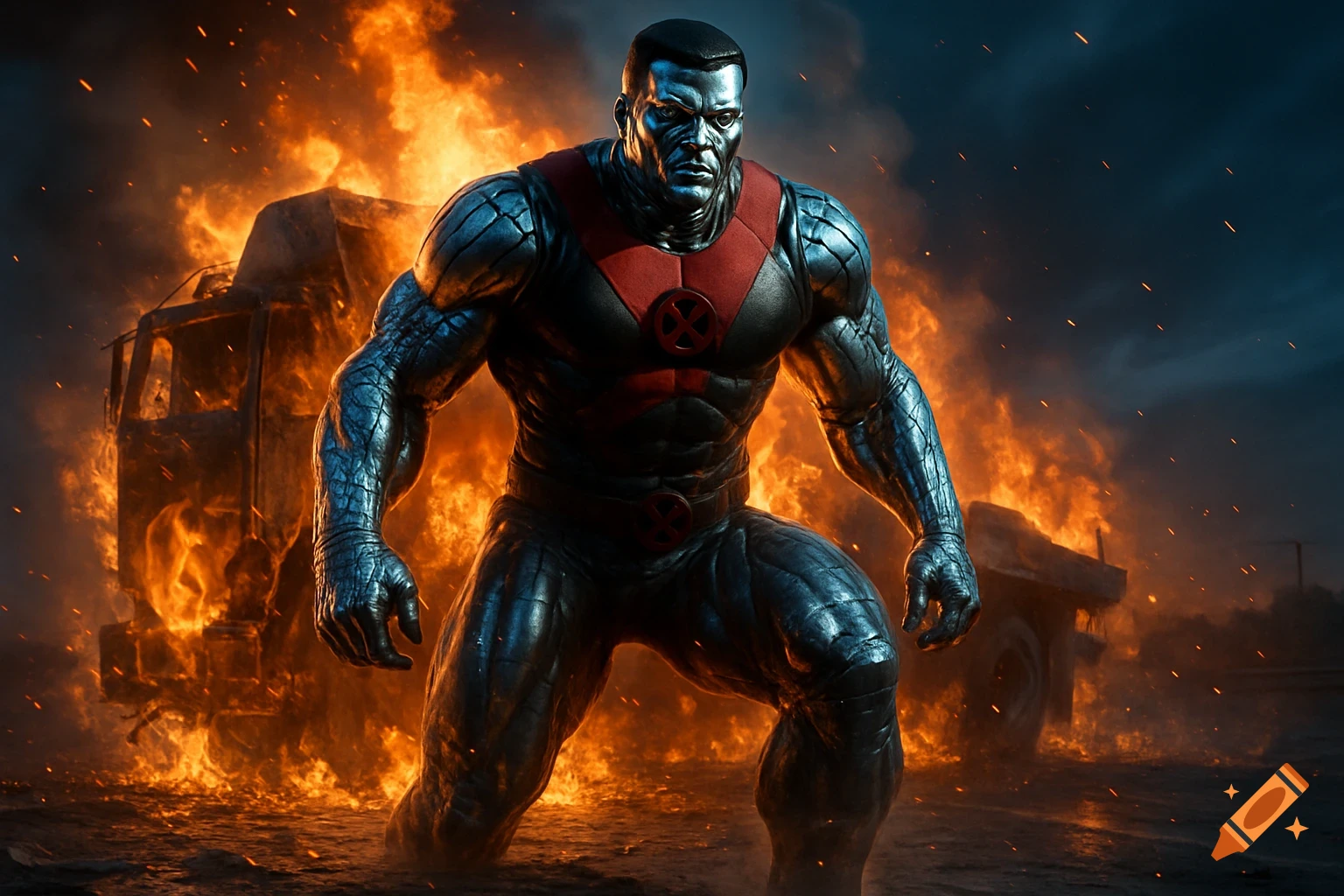 Metallic superhero Colossus emerges from a fiery truck wreck in a dramatic scene.