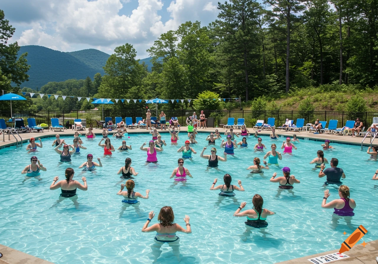 A large group of people doing aqua aerobics in a sunny outdoor pool with mountains in the background.