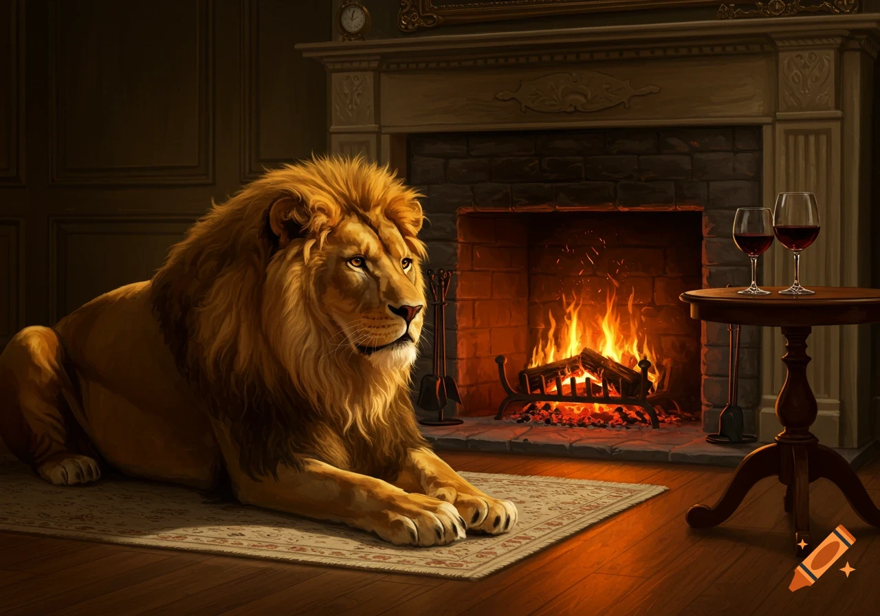 A majestic lion lies on a rug in front of a roaring fireplace. Wine glasses are on a table nearby. Illustration.