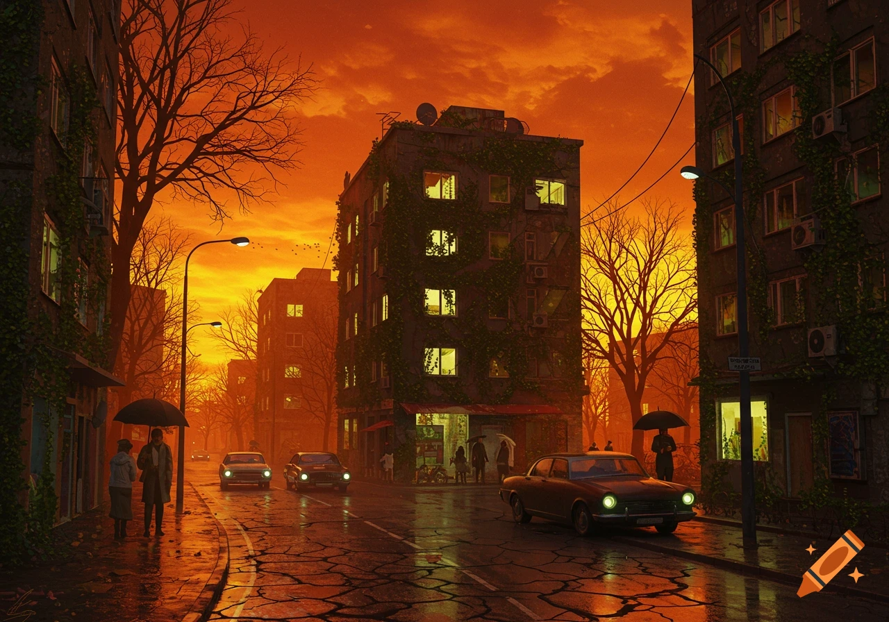 A street scene under an orange sky with cracked roads, dilapidated buildings covered in vines, bare trees, cars, and people with broken umbrellas.
