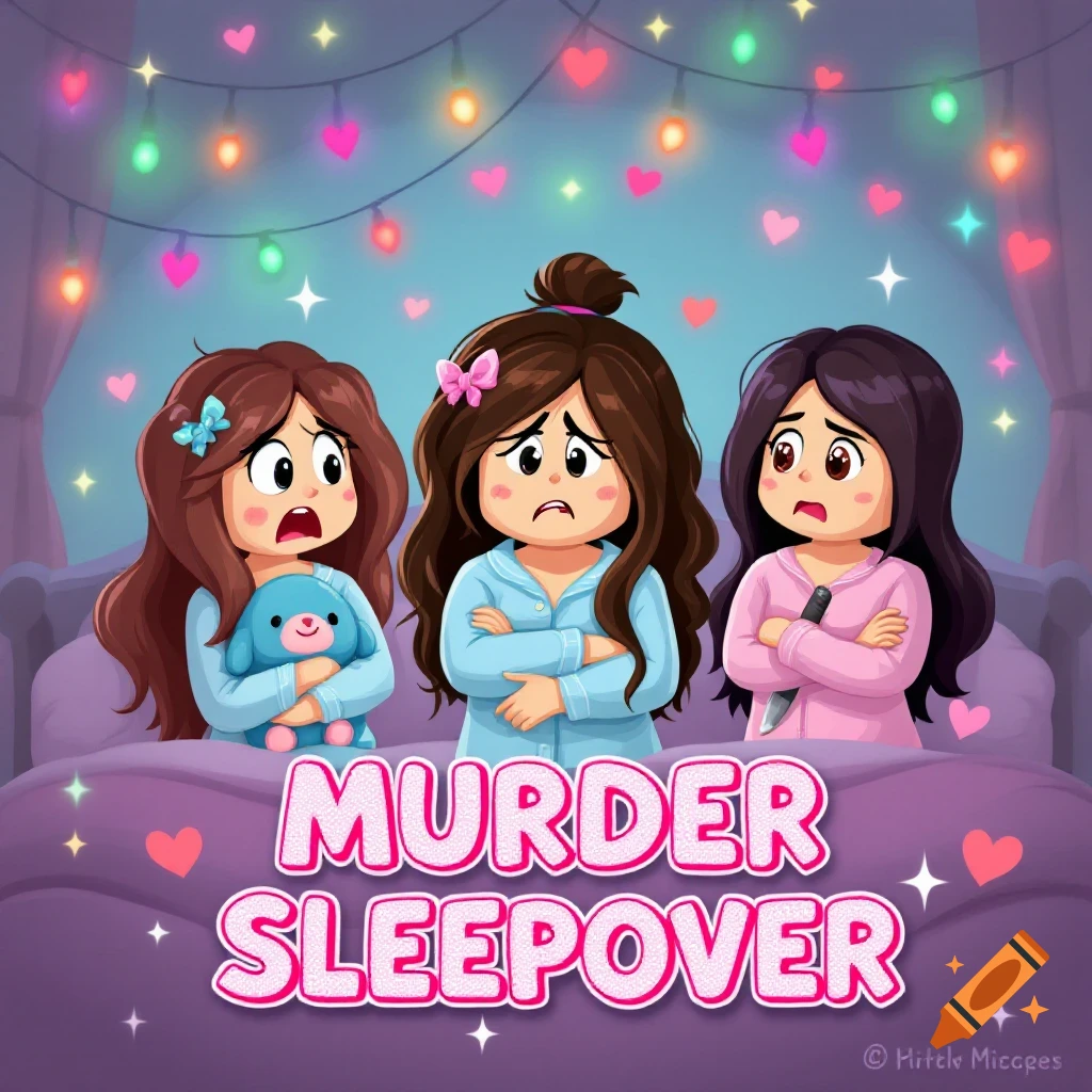 Cartoon illustration of three girls in pajamas during a sleepover, one hiding a knife, text reads 'MURDER SLEEPOVER'.