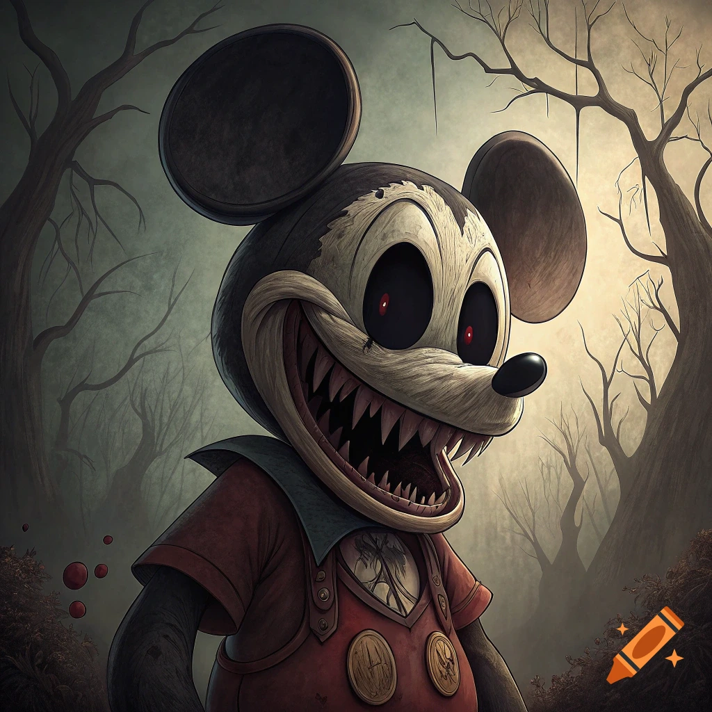 Creepy horror version of Mickey Mouse with sharp teeth and red eyes in a dark, dead forest.