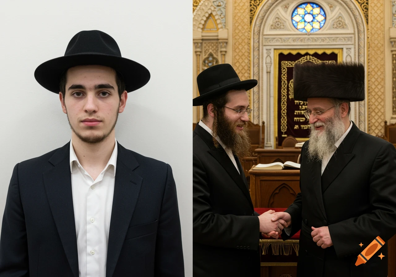 Photo showing a young man in a hat and suit, and two men shaking hands in a synagogue.