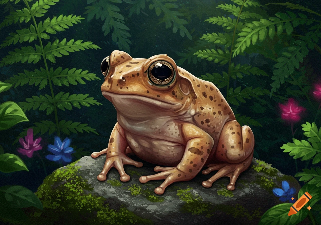 An illustration of a frog sitting on a mossy rock surrounded by ferns and small flowers.