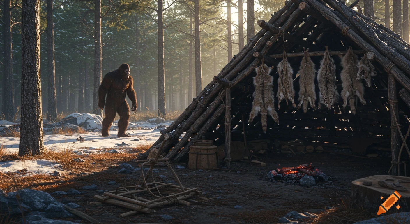 Bigfoot stands in a snowy forest near a primitive shelter with animal pelts hanging.
