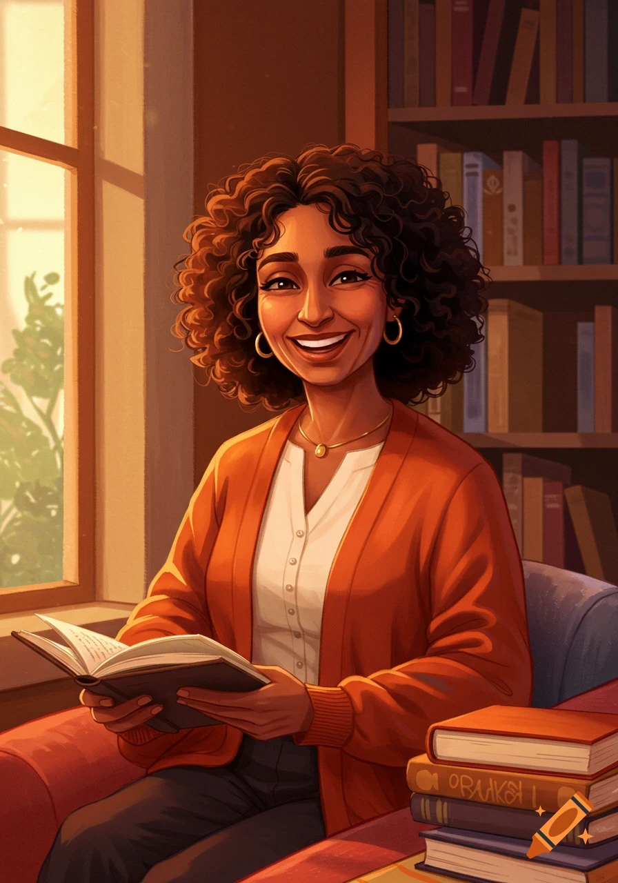 Illustrated woman with curly hair reading a book in a sunny library.
