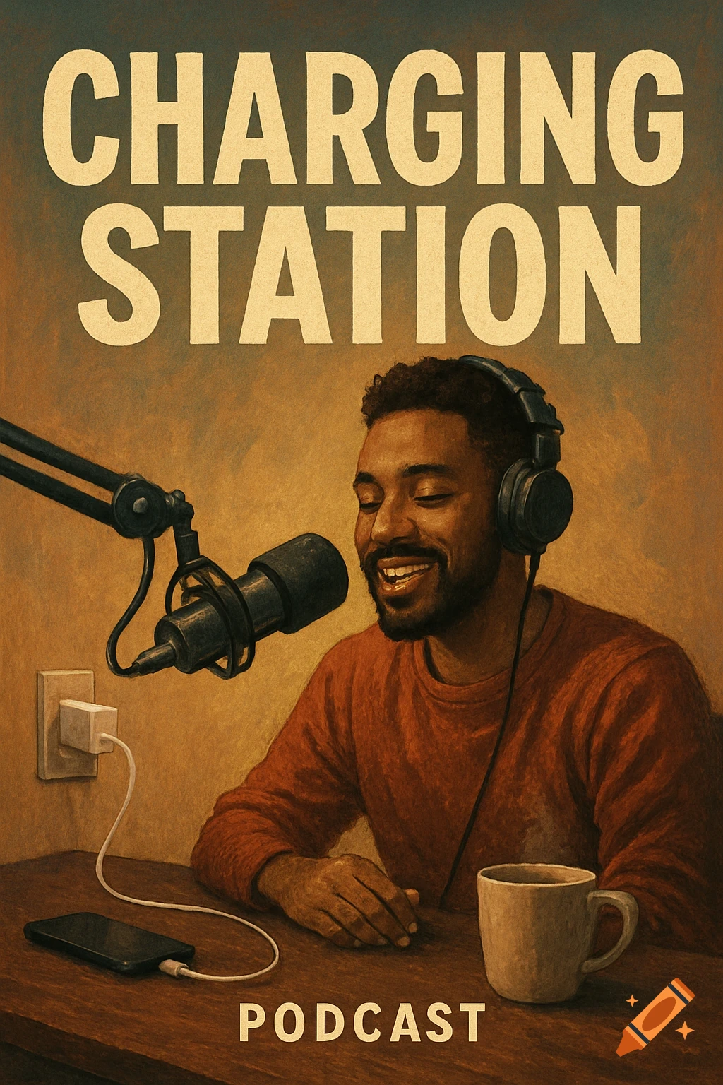 A man wearing headphones speaks into a microphone for a podcast titled 'Charging Station'. Painterly style.