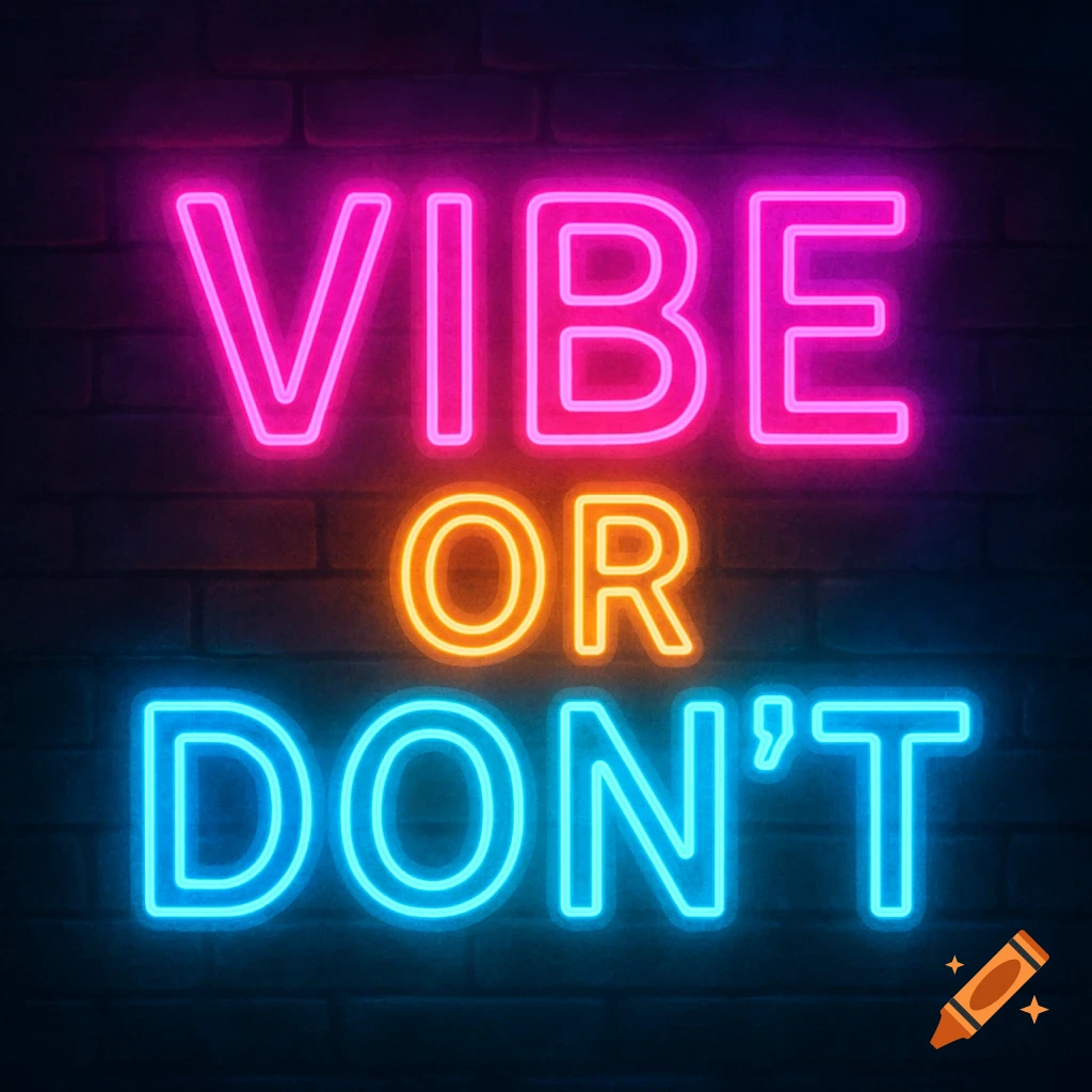 Neon sign on a brick wall displaying "VIBE OR DON'T"
