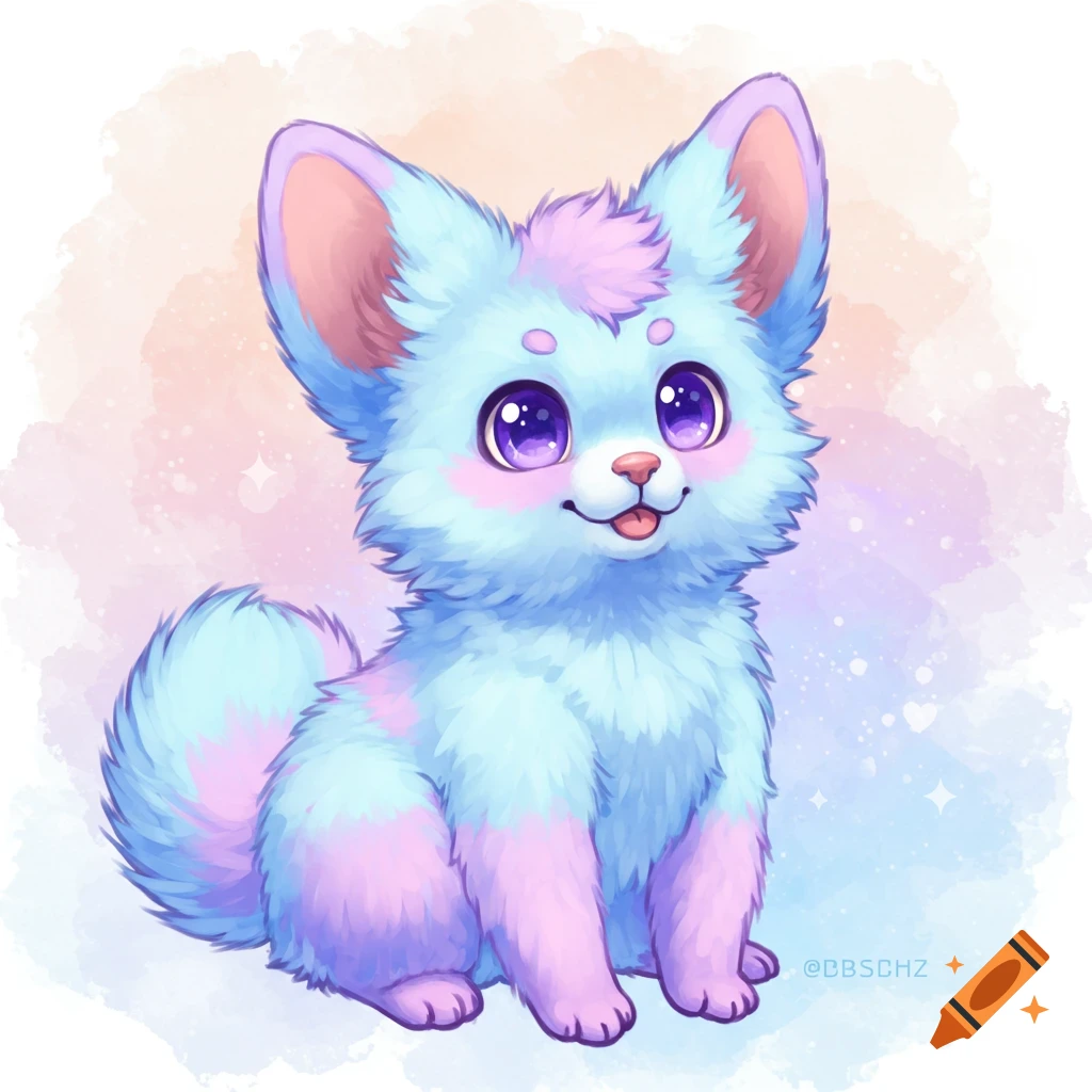 Cute blue and pink fantasy furry creature watercolor illustration