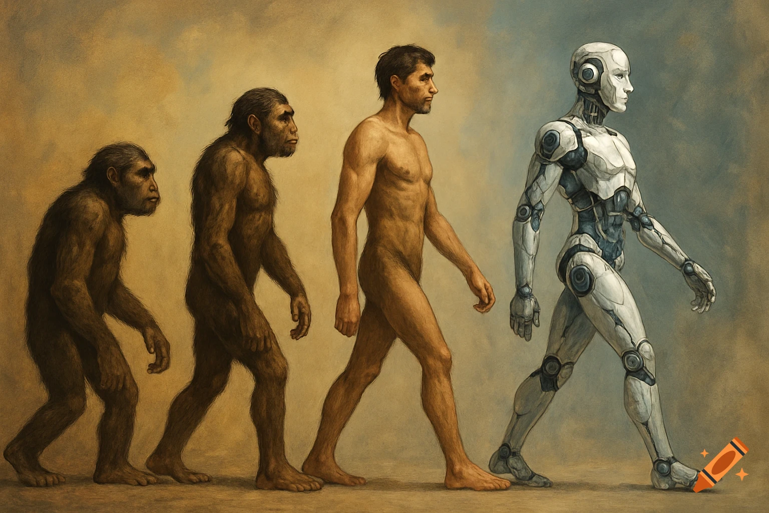 Illustration showing the evolution from ape to human to robot.