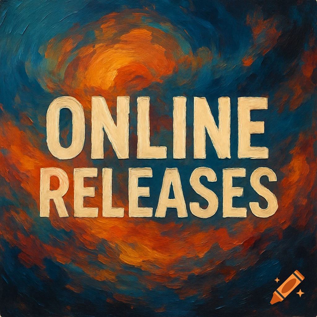 Text "ONLINE RELEASES" on an abstract background with orange and blue paint strokes.