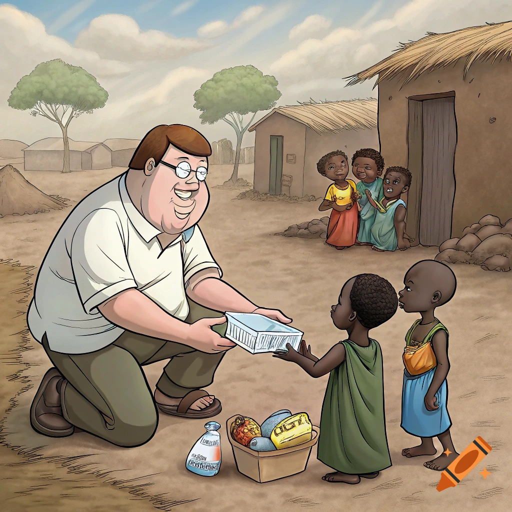 Cartoon Peter Griffin giving items to children in an African village.