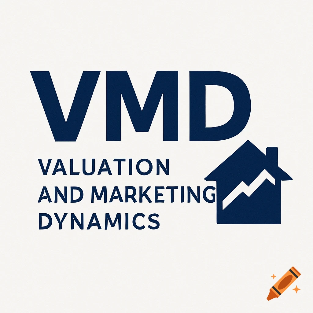 Logo with blue text "VMD VALUATION AND MARKETING DYNAMICS" next to a blue house icon with a jagged line inside.