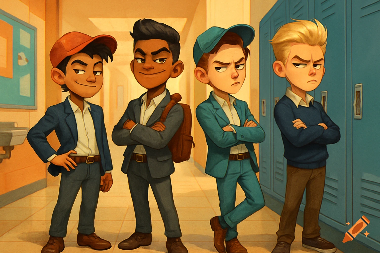 Four cartoon boys stand with crossed arms in a school hallway with lockers.