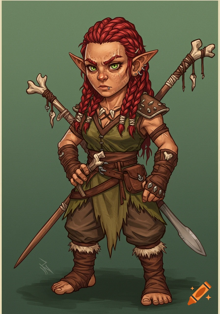 A fierce-looking female fantasy character with red braids, green eyes, and tribal armor stands with weapons.