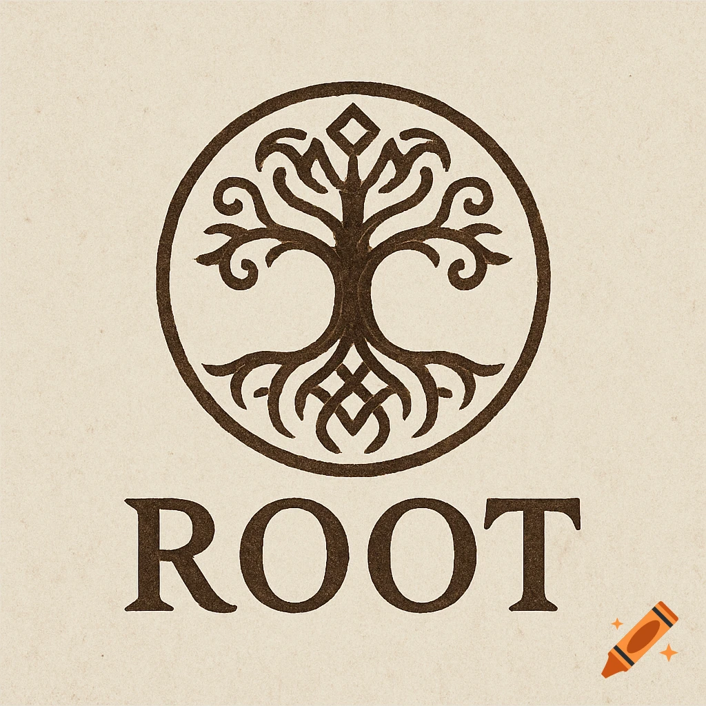 Rustic logo featuring a stylized tree within a circle above the text "ROOT".