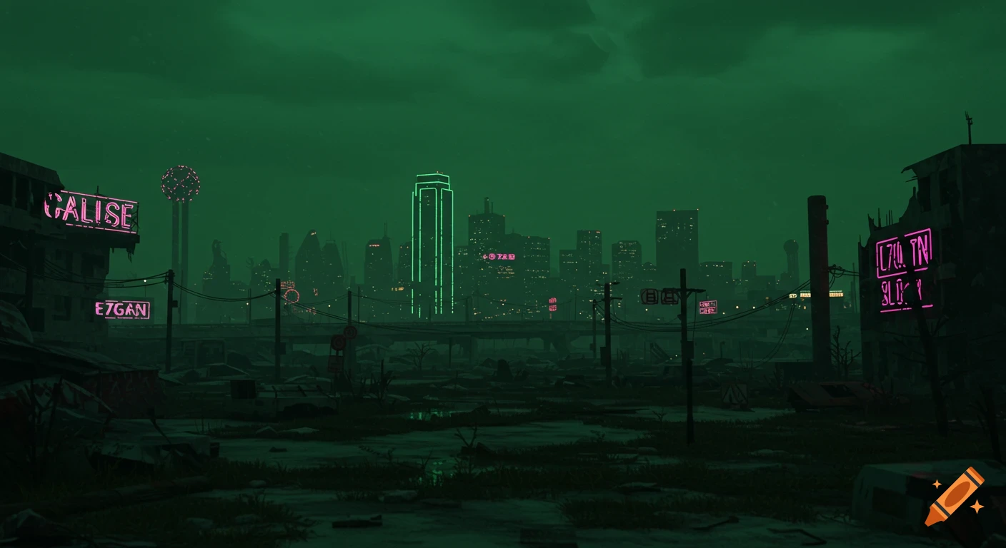 A ruined city at night with glowing neon signs under a green sky, 3D art.