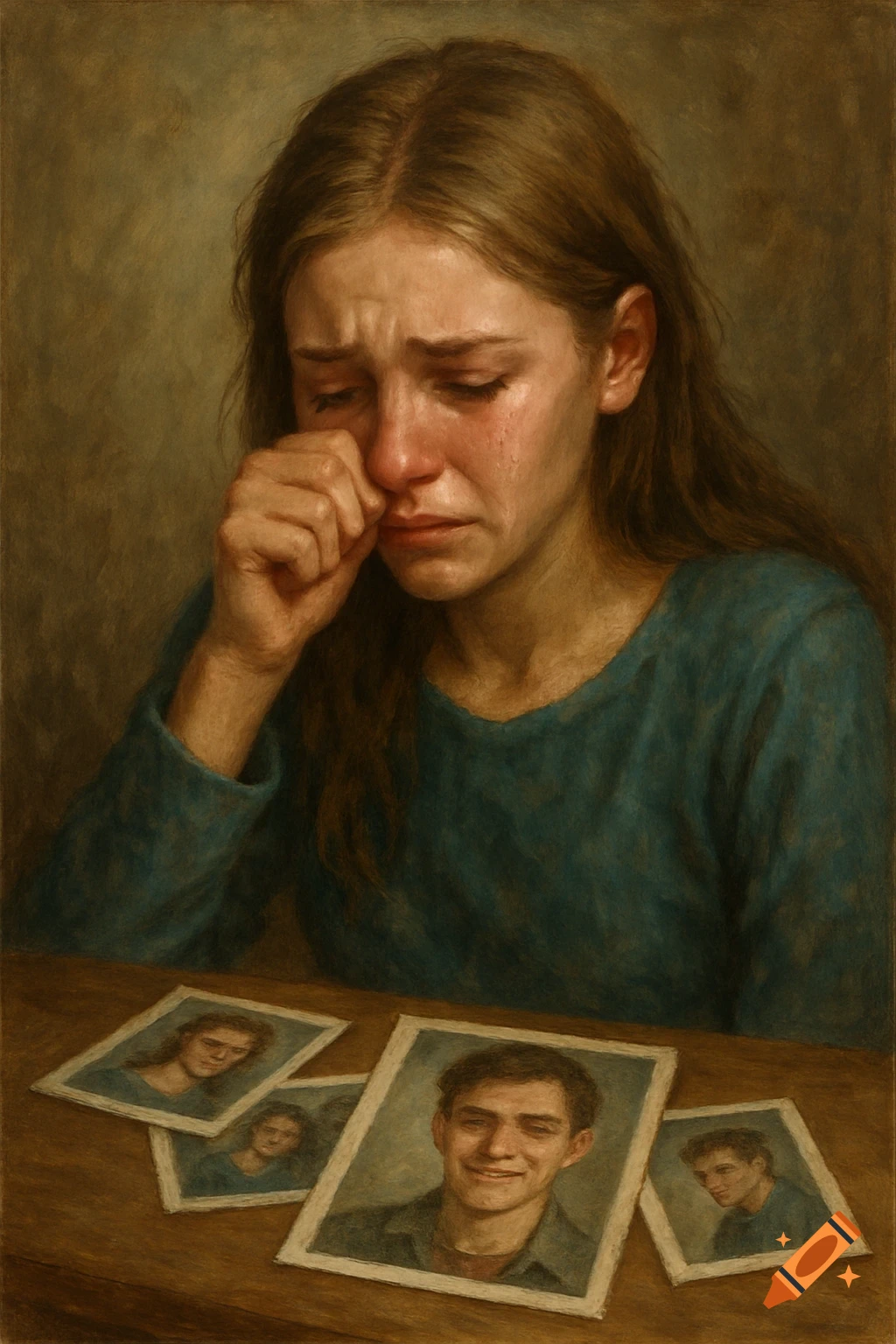 Realistic painting of a young woman crying over old photographs.
