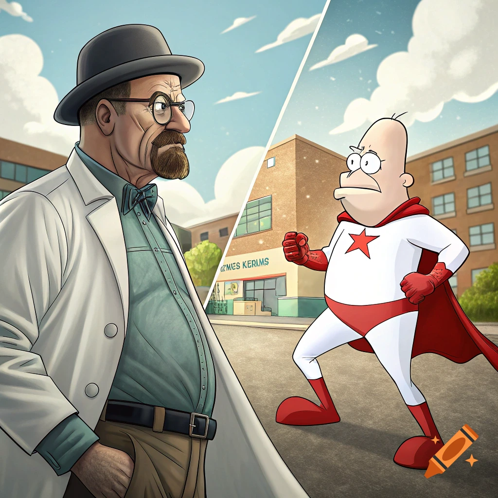 Illustration in a cartoon style depicting a character resembling Walter White facing off against a character resembling Captain Underpants.