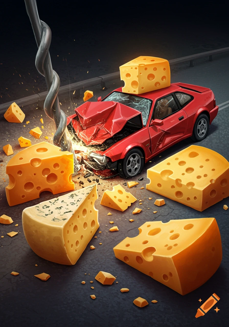 Illustration of a red car crashed on a road surrounded by large pieces of cheese.