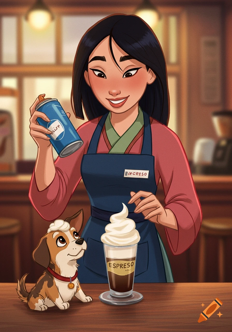 Mulan, dressed as a barista, serves whipped cream from a can to a small dog next to a coffee cup. Cartoon illustration.