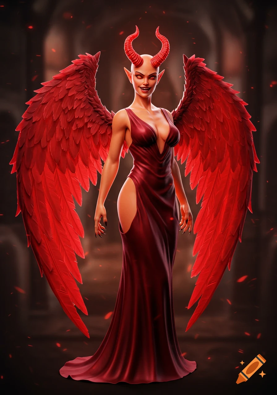 A female devil with red horns, wings, and dress.