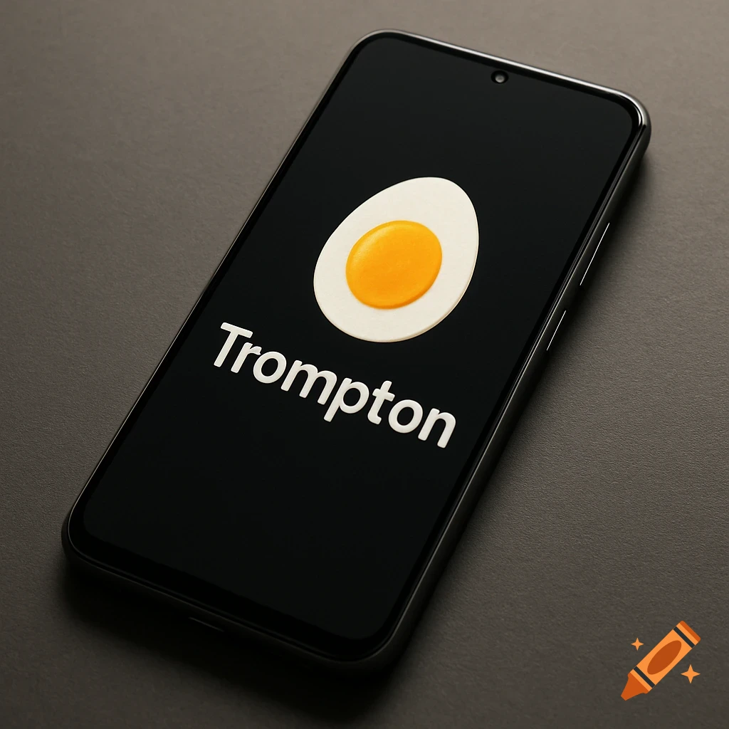 A realistic image of a smartphone screen displaying an egg logo and the text 'Trompton'.