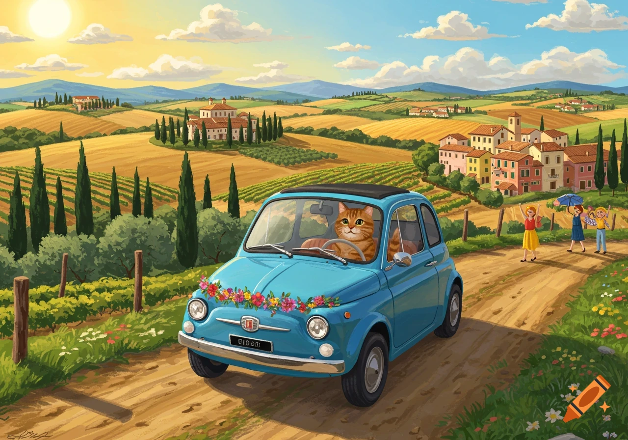 A cartoon cat drives a blue Fiat through a sunny Italian landscape with vineyards, hills, and villages.