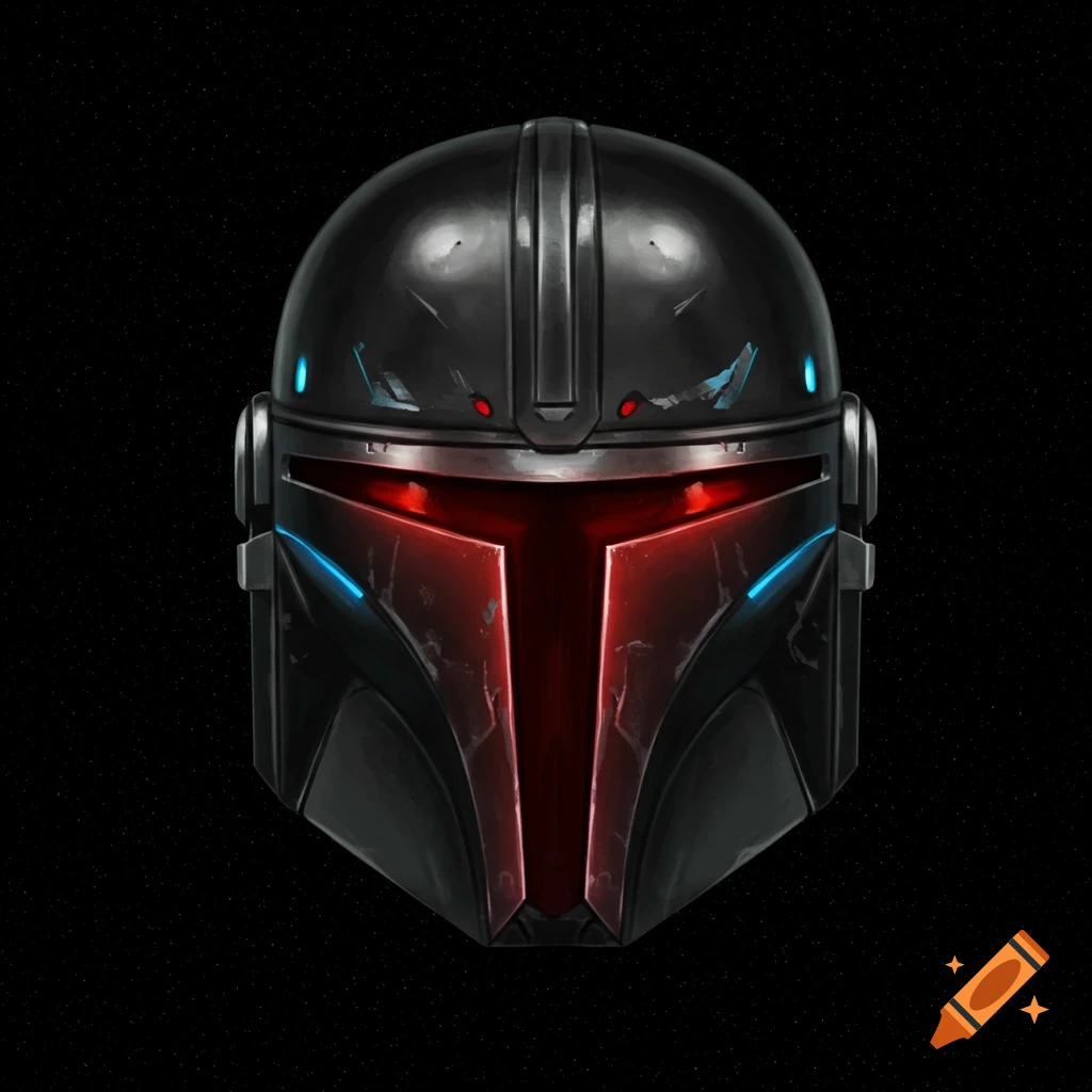 Front view of a dark, scuffed science fiction helmet with red and blue glowing accents against a black background with stars.