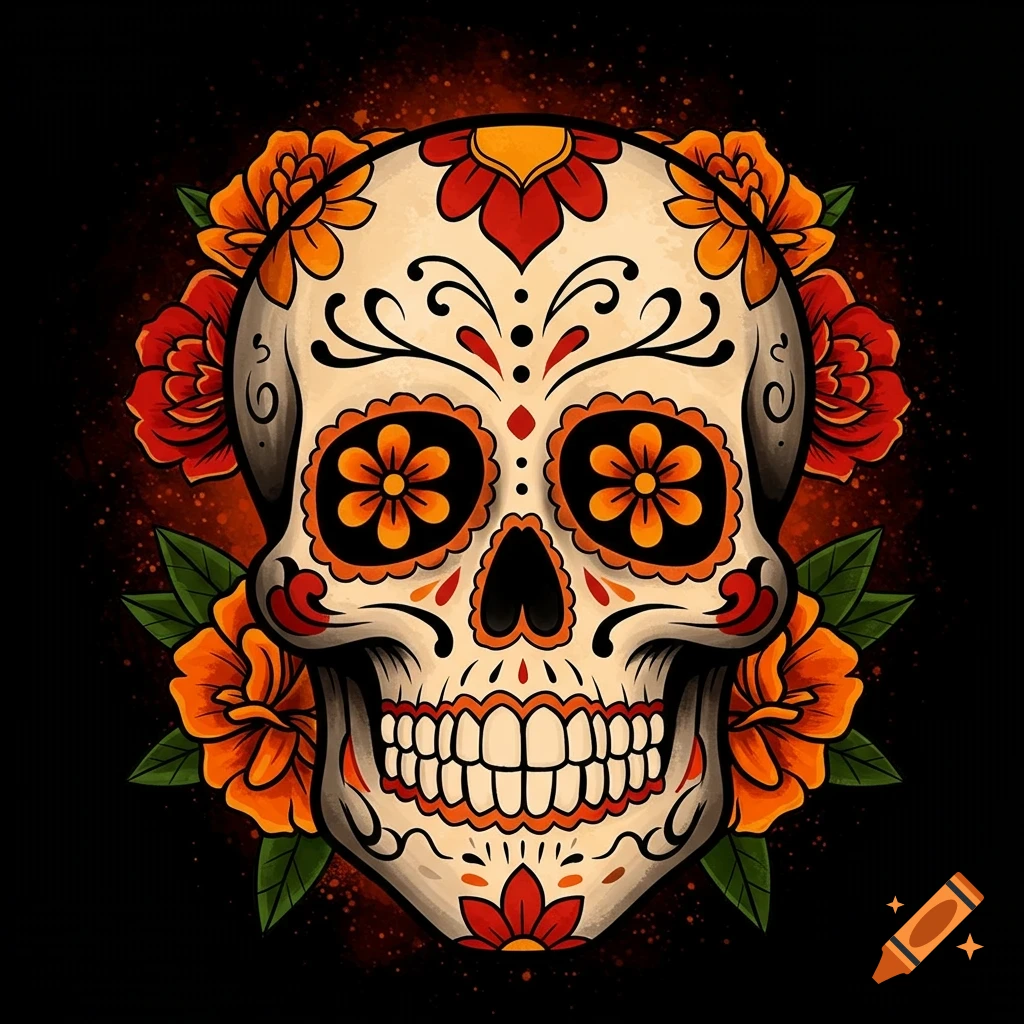 Stylized sugar skull decorated with orange and red marigold flowers on a black background in a tattoo art style.